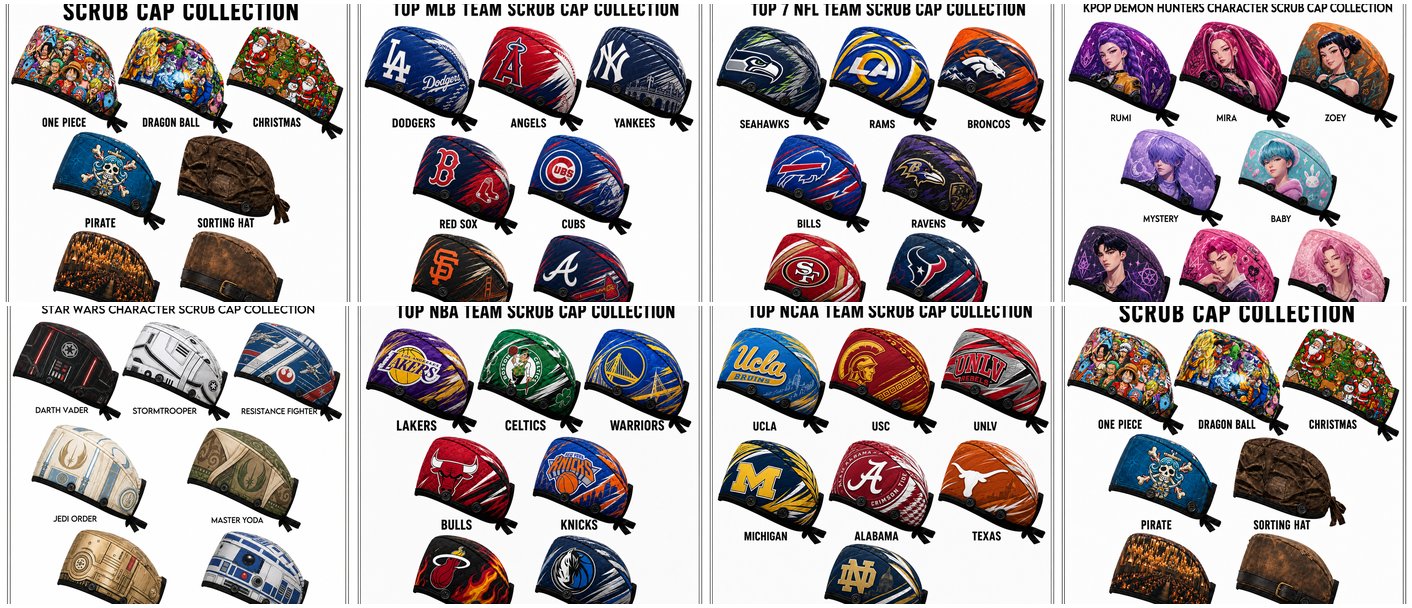 Custom performance scrub caps in pediatric prints